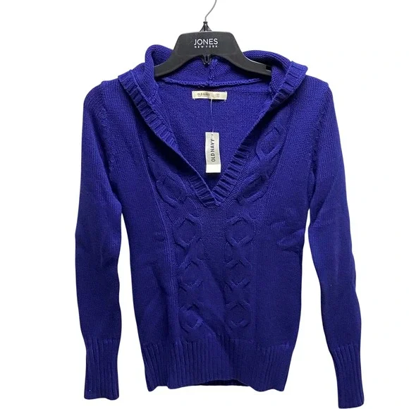 Old Navy Women Royal Blue Cable Knit Hooded V Neck Sweater Long Sleeve XS NWT - Picture 5 of 7